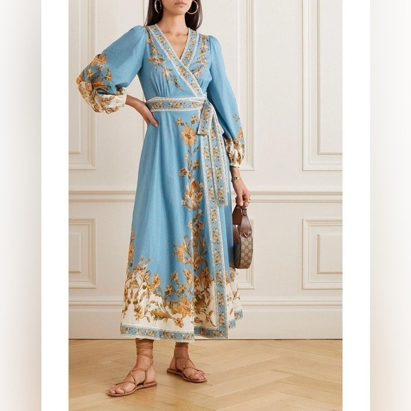 Zimmerman Chintz Cotton Voile Wrap Midi Maxi Dress Blue Floral 0P Luxury Spring